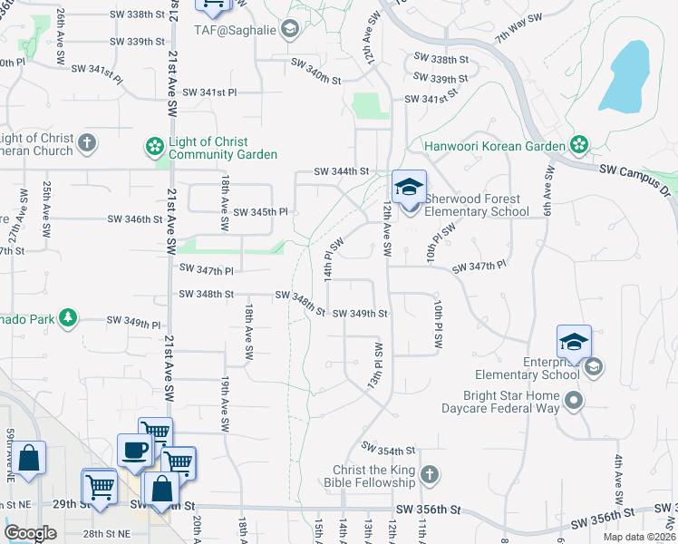 map of restaurants, bars, coffee shops, grocery stores, and more near 34724 14th Place Southwest in Federal Way