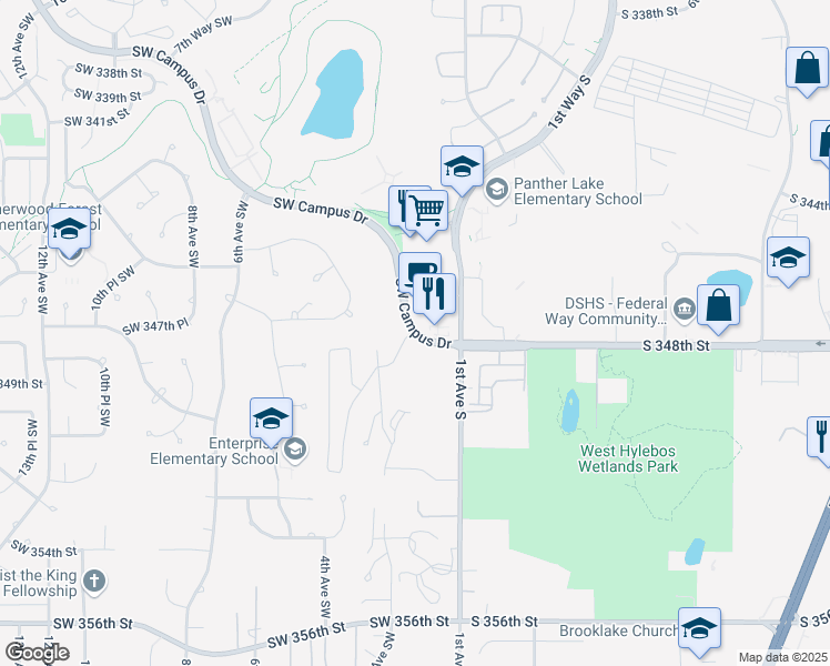 map of restaurants, bars, coffee shops, grocery stores, and more near 125 Southwest Campus Drive in Federal Way