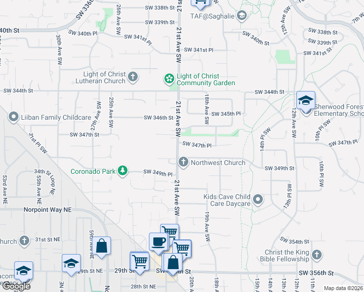 map of restaurants, bars, coffee shops, grocery stores, and more near 2022 Southwest 347th Place in Federal Way