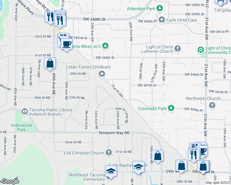 map of restaurants, bars, coffee shops, grocery stores, and more near 34713 31st Place Southwest in Federal Way