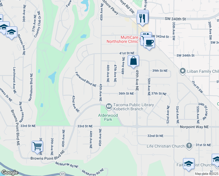 map of restaurants, bars, coffee shops, grocery stores, and more near 4606 37th Street Northeast in Tacoma