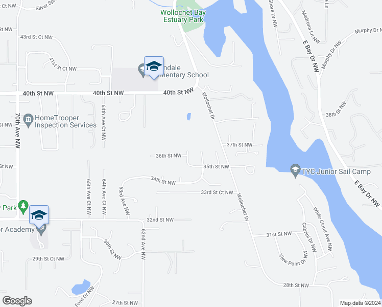 map of restaurants, bars, coffee shops, grocery stores, and more near 3601 59th Avenue Northwest in Gig Harbor