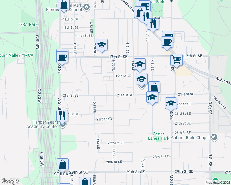 map of restaurants, bars, coffee shops, grocery stores, and more near 2021 F Street Southeast in Auburn