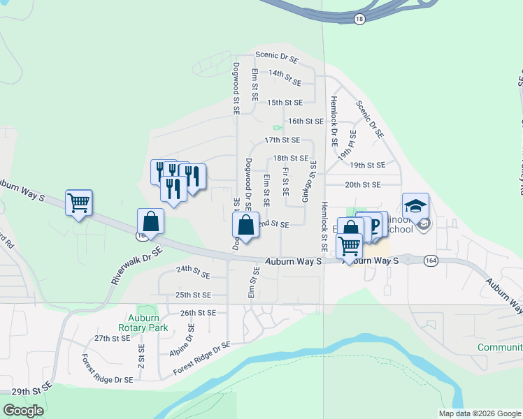 map of restaurants, bars, coffee shops, grocery stores, and more near 2115 Elm Street Southeast in Auburn