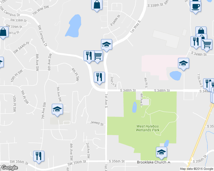map of restaurants, bars, coffee shops, grocery stores, and more near 2nd Lane South in Federal Way