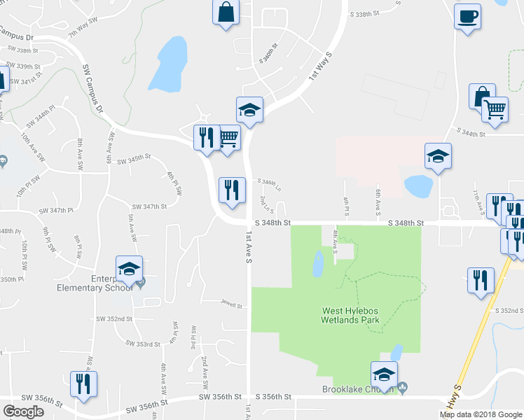 map of restaurants, bars, coffee shops, grocery stores, and more near 34715 2nd Lane South in Federal Way