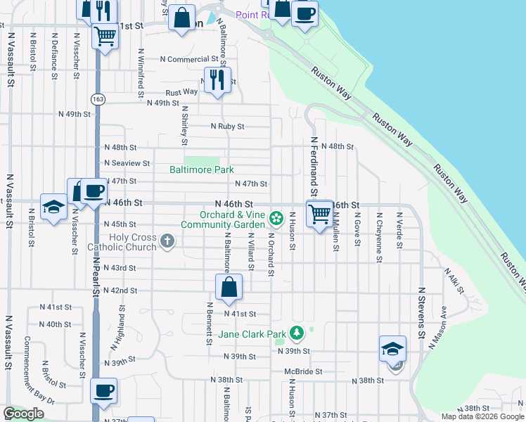 map of restaurants, bars, coffee shops, grocery stores, and more near 5018 North 46th Street in Tacoma