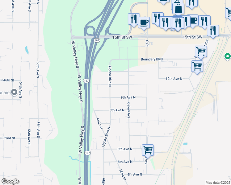 map of restaurants, bars, coffee shops, grocery stores, and more near 205 9th Avenue North in Algona