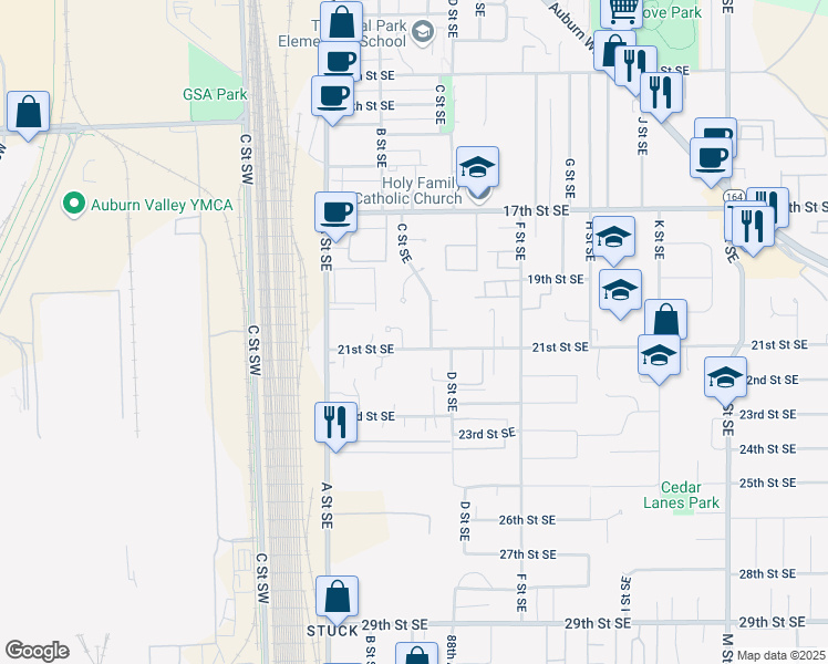 map of restaurants, bars, coffee shops, grocery stores, and more near 221 21st Place Southeast in Auburn