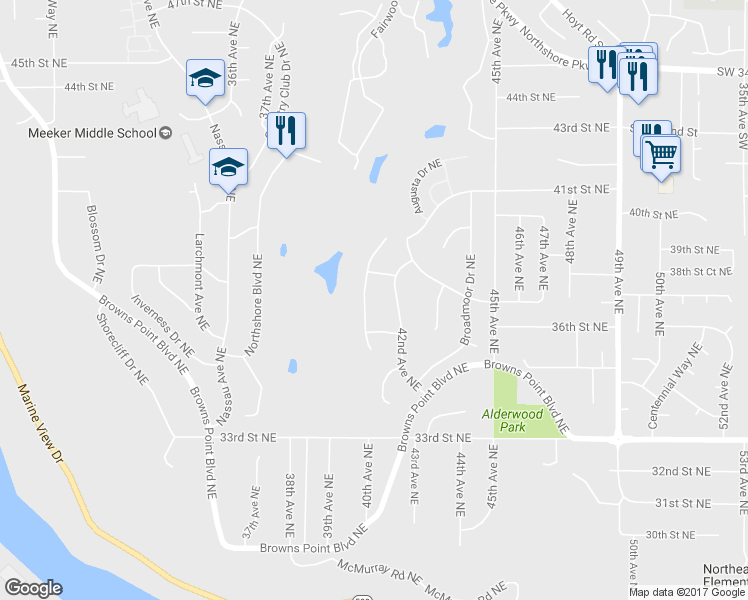 map of restaurants, bars, coffee shops, grocery stores, and more near 3625 Spyglass Drive Northeast in Tacoma