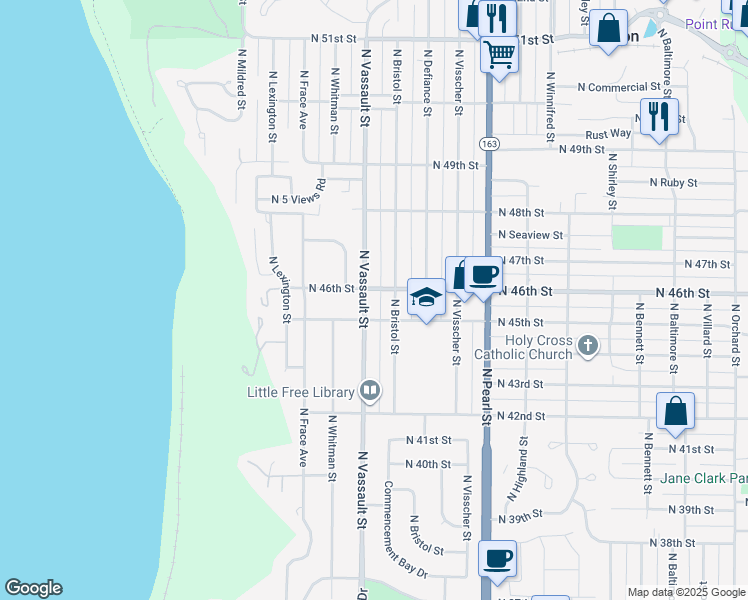 map of restaurants, bars, coffee shops, grocery stores, and more near 4516 North Bristol Street in Tacoma