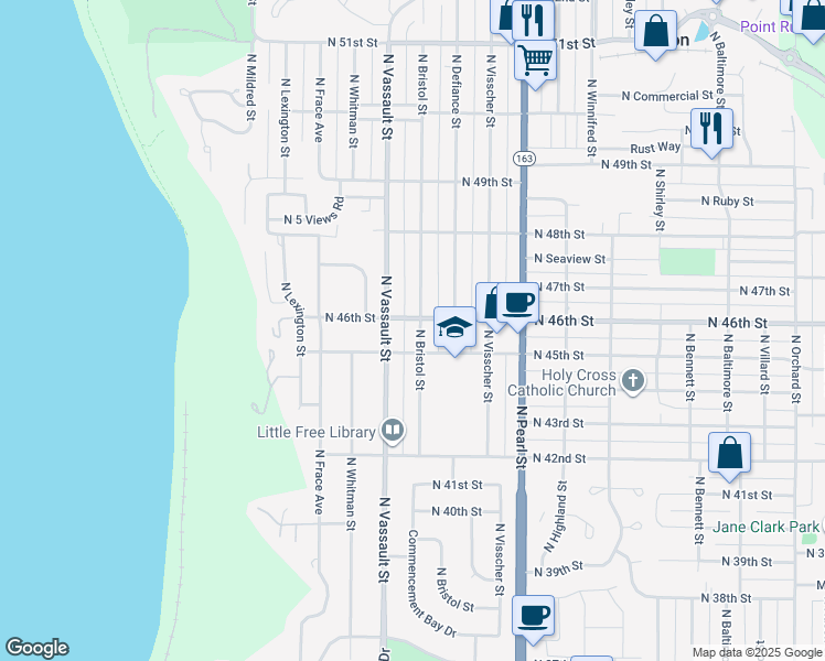 map of restaurants, bars, coffee shops, grocery stores, and more near 4516 North Bristol Street in Tacoma
