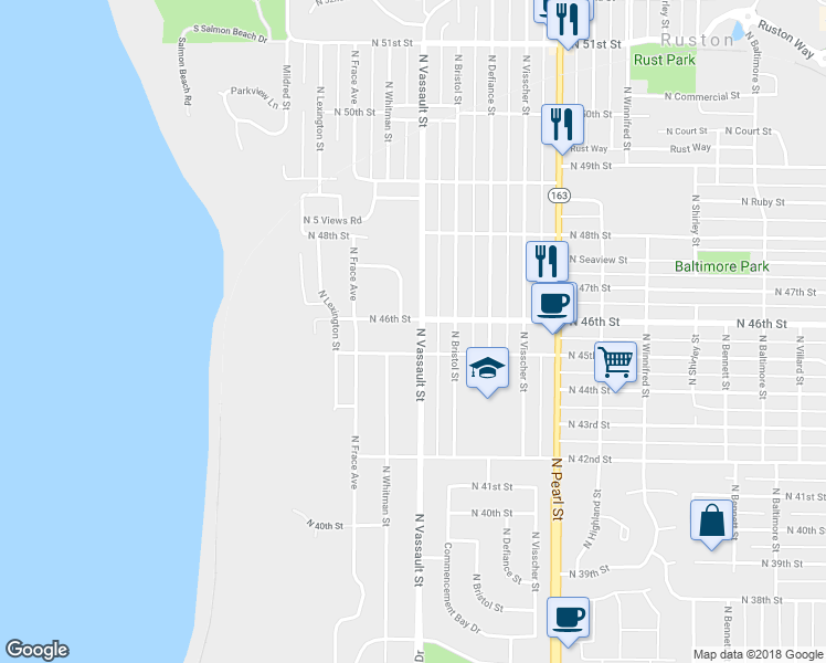 map of restaurants, bars, coffee shops, grocery stores, and more near 4514 North Vassault Street in Tacoma
