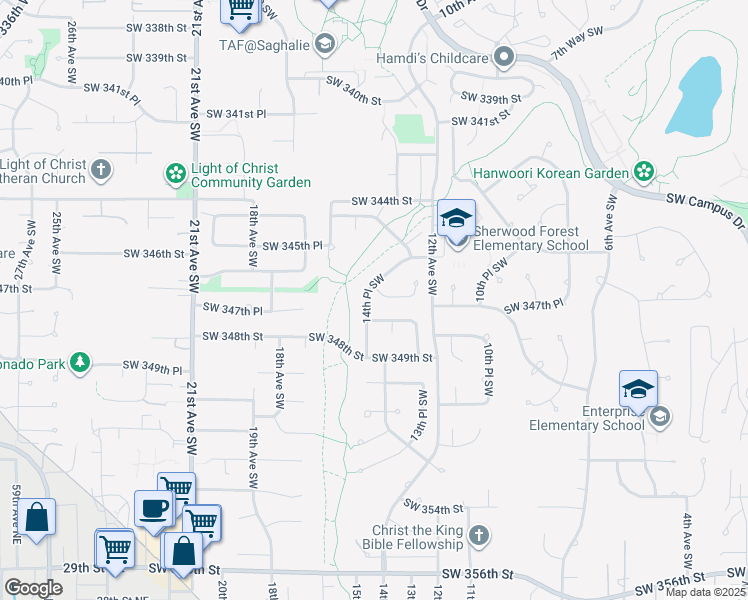 map of restaurants, bars, coffee shops, grocery stores, and more near 34724 14th Pl SW in Federal Way