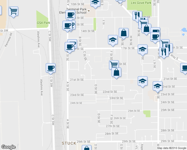map of restaurants, bars, coffee shops, grocery stores, and more near 2008 C Street Southeast in Auburn