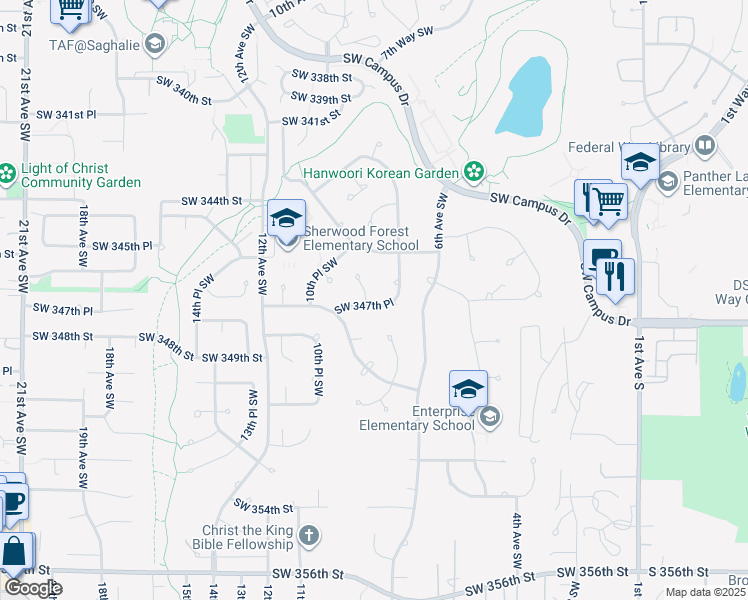 map of restaurants, bars, coffee shops, grocery stores, and more near 34642 9th Court Southwest in Federal Way