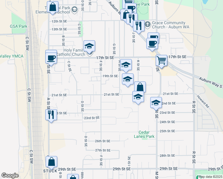 map of restaurants, bars, coffee shops, grocery stores, and more near 2017 H Street Southeast in Auburn