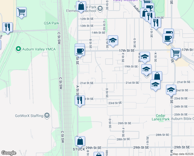 map of restaurants, bars, coffee shops, grocery stores, and more near 221 21st Place Southeast in Auburn