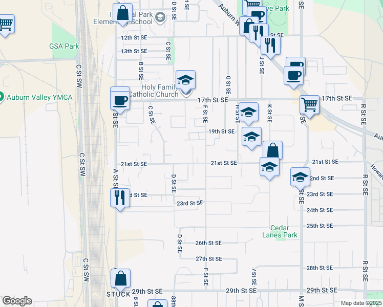 map of restaurants, bars, coffee shops, grocery stores, and more near 426 21st Street Southeast in Auburn