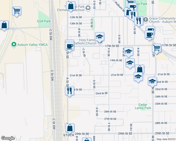 map of restaurants, bars, coffee shops, grocery stores, and more near 2008 C Street Southeast in Auburn