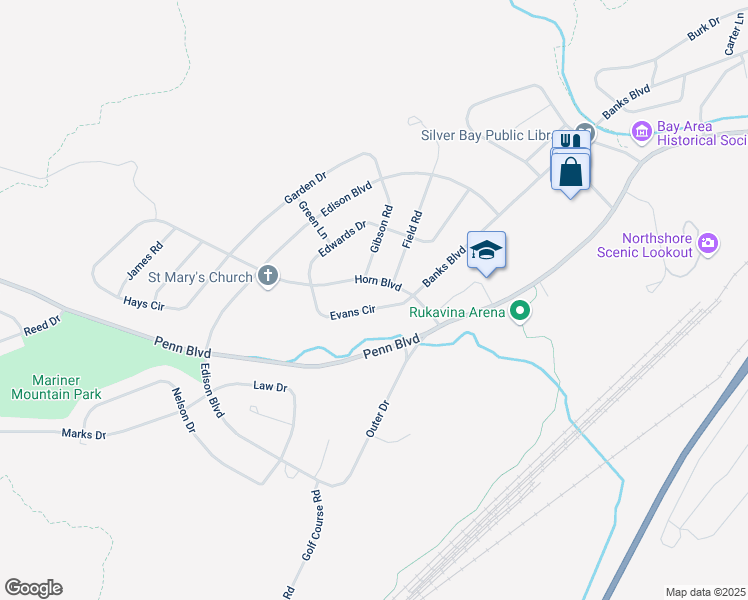 map of restaurants, bars, coffee shops, grocery stores, and more near 16 Evans Circle in Silver Bay