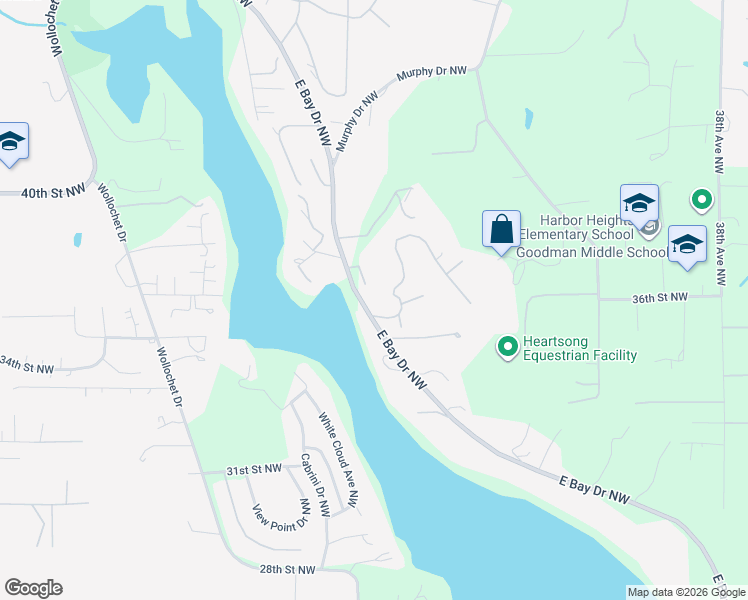 map of restaurants, bars, coffee shops, grocery stores, and more near 3616 East Bay Drive Northwest in Gig Harbor