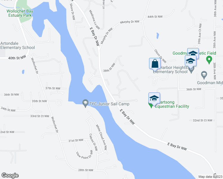 map of restaurants, bars, coffee shops, grocery stores, and more near 3615 East Bay Drive Northwest in Gig Harbor