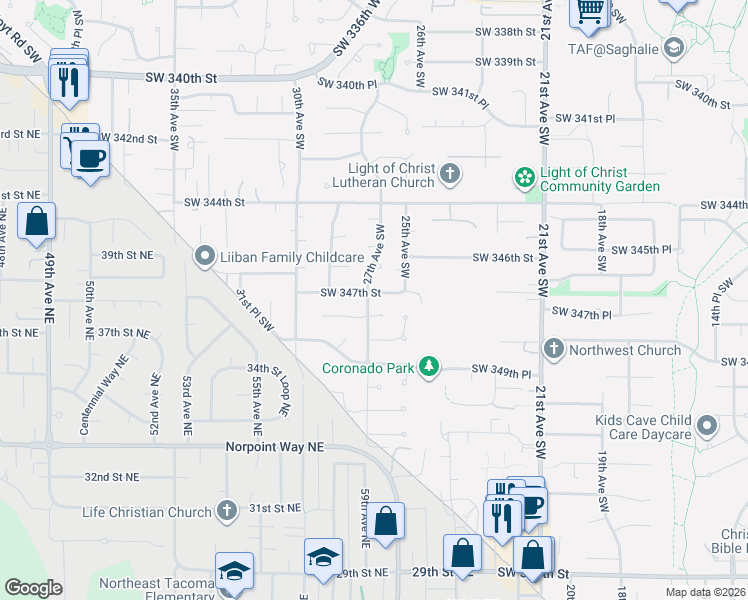 map of restaurants, bars, coffee shops, grocery stores, and more near 2646 Southwest 347th Place in Federal Way