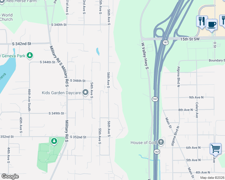map of restaurants, bars, coffee shops, grocery stores, and more near 34655 56th Court South in Auburn