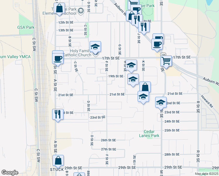 map of restaurants, bars, coffee shops, grocery stores, and more near 2021 F Street Southeast in Auburn