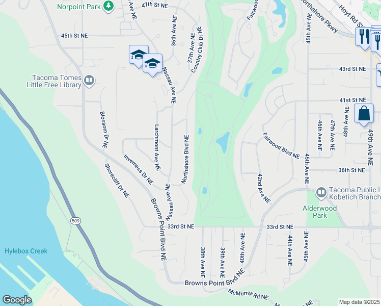map of restaurants, bars, coffee shops, grocery stores, and more near 3701 Northshore Boulevard Northeast in Tacoma