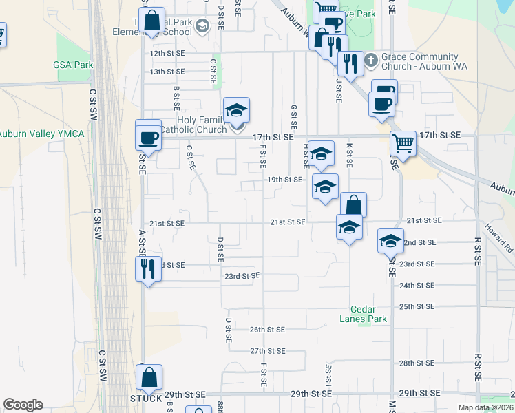 map of restaurants, bars, coffee shops, grocery stores, and more near 2021 F Street Southeast in Auburn