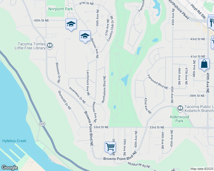 map of restaurants, bars, coffee shops, grocery stores, and more near 3701 Northshore Boulevard Northeast in Tacoma