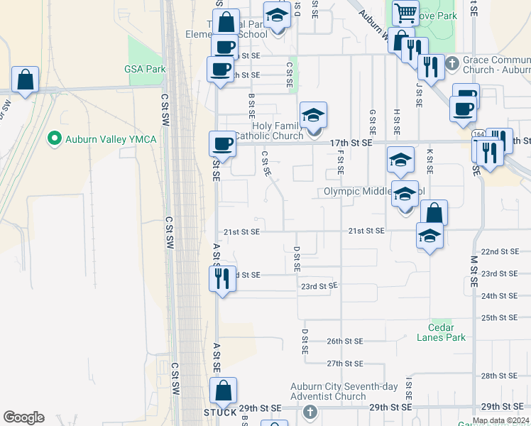 map of restaurants, bars, coffee shops, grocery stores, and more near 221 21st Place Southeast in Auburn