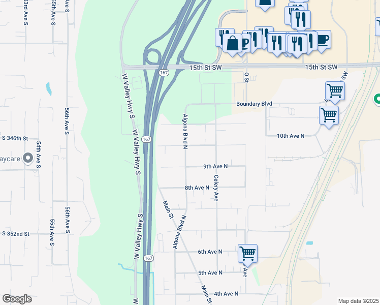 map of restaurants, bars, coffee shops, grocery stores, and more near 205 9th Avenue North in Algona
