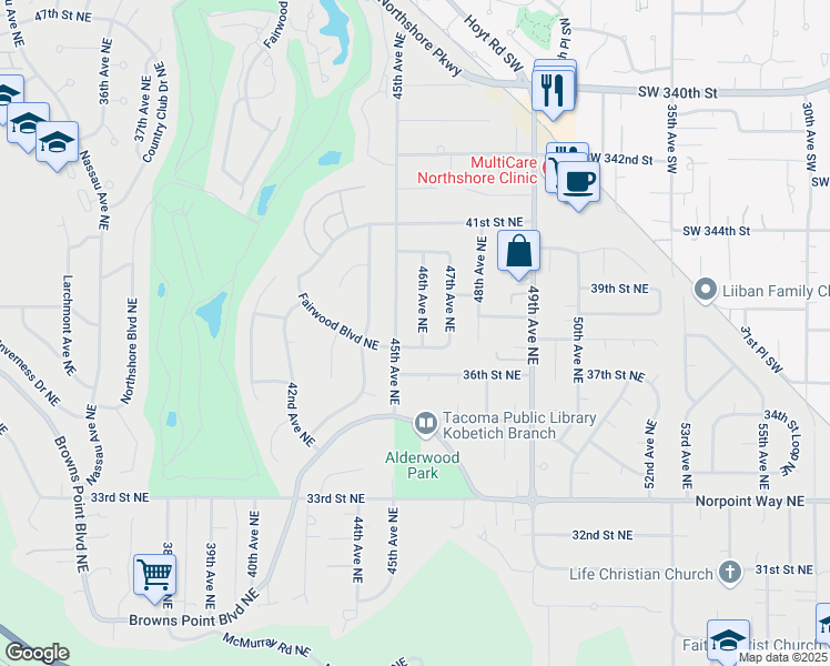 map of restaurants, bars, coffee shops, grocery stores, and more near 4606 37th Street Northeast in Tacoma