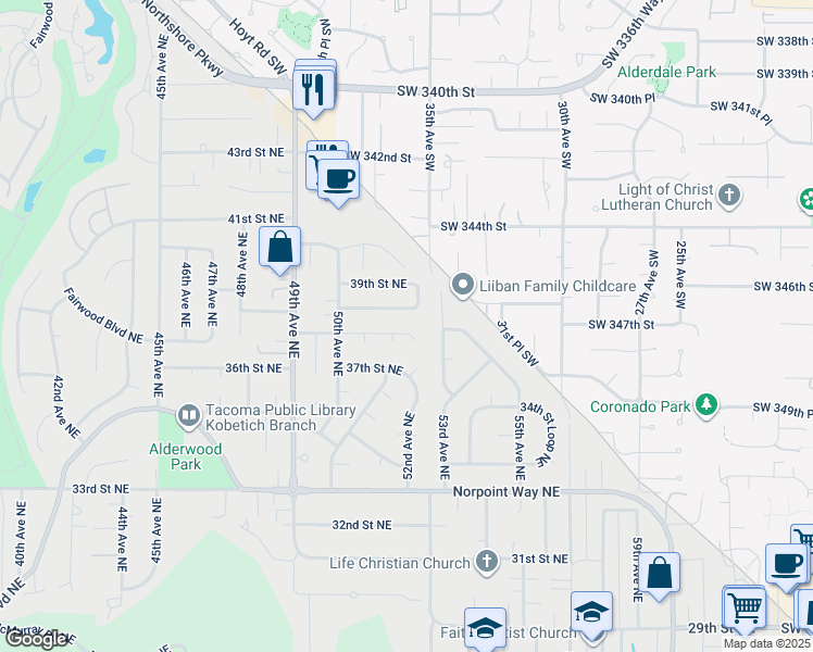map of restaurants, bars, coffee shops, grocery stores, and more near 5049 38th Street Northeast in Tacoma