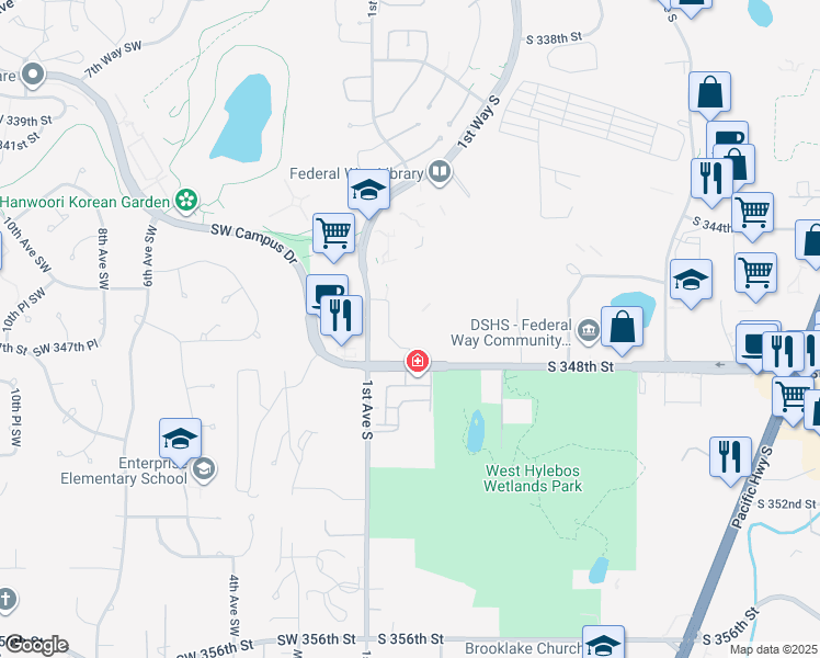 map of restaurants, bars, coffee shops, grocery stores, and more near 34728 2nd Lane South in Federal Way