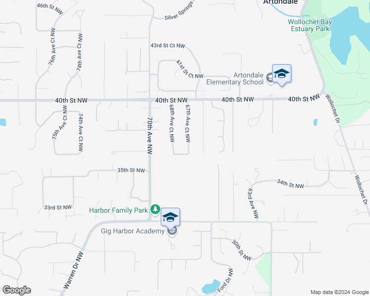 map of restaurants, bars, coffee shops, grocery stores, and more near 3622 67th Avenue Court Northwest in Gig Harbor