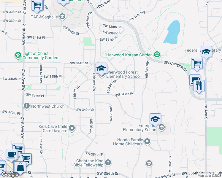map of restaurants, bars, coffee shops, grocery stores, and more near 1006 Southwest 347th Street in Federal Way