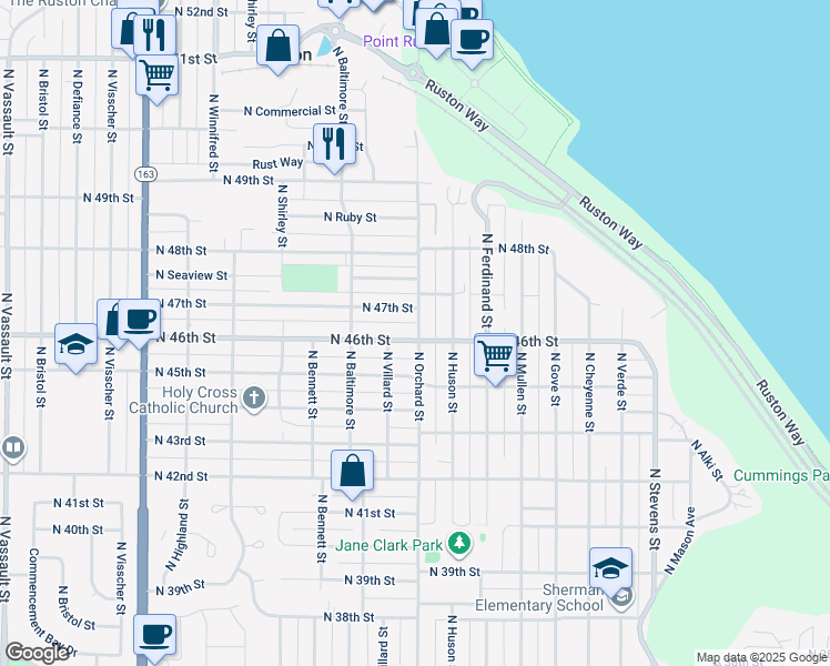 map of restaurants, bars, coffee shops, grocery stores, and more near 5018 North 46th Street in Tacoma