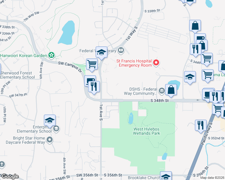 map of restaurants, bars, coffee shops, grocery stores, and more near 34728 2nd Lane South in Federal Way