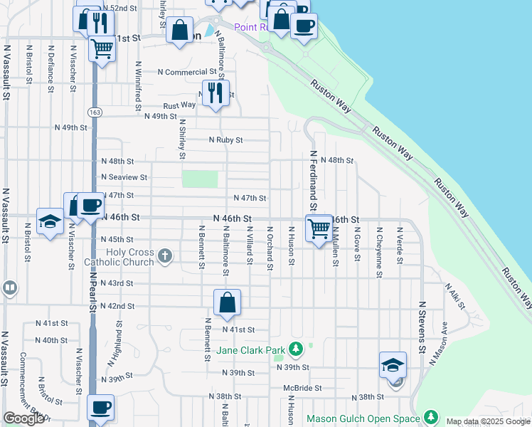 map of restaurants, bars, coffee shops, grocery stores, and more near 5018 North 46th Street in Tacoma