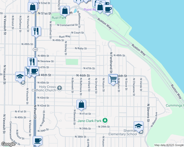 map of restaurants, bars, coffee shops, grocery stores, and more near 5111 North 46th Street in Tacoma