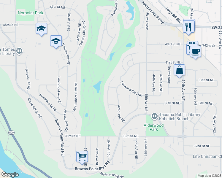 map of restaurants, bars, coffee shops, grocery stores, and more near 3625 Spyglass Drive Northeast in Tacoma