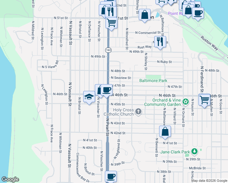 map of restaurants, bars, coffee shops, grocery stores, and more near 4515 Washington 163 in Tacoma