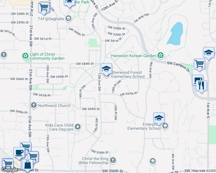 map of restaurants, bars, coffee shops, grocery stores, and more near 34610 11th Court Southwest in Federal Way