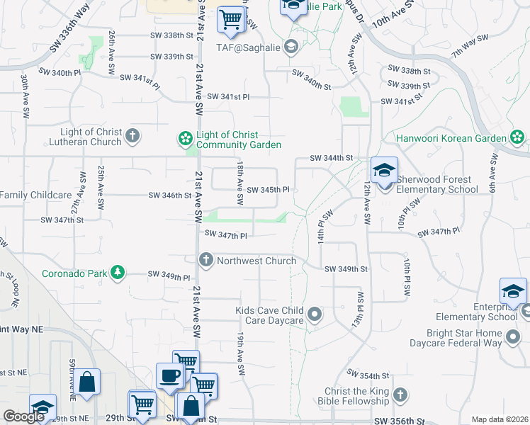 map of restaurants, bars, coffee shops, grocery stores, and more near 1712 Southwest 347th Place in Federal Way