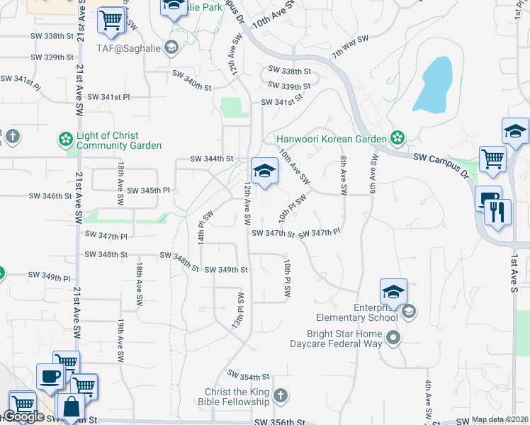 map of restaurants, bars, coffee shops, grocery stores, and more near 34606 11th Court Southwest in Federal Way