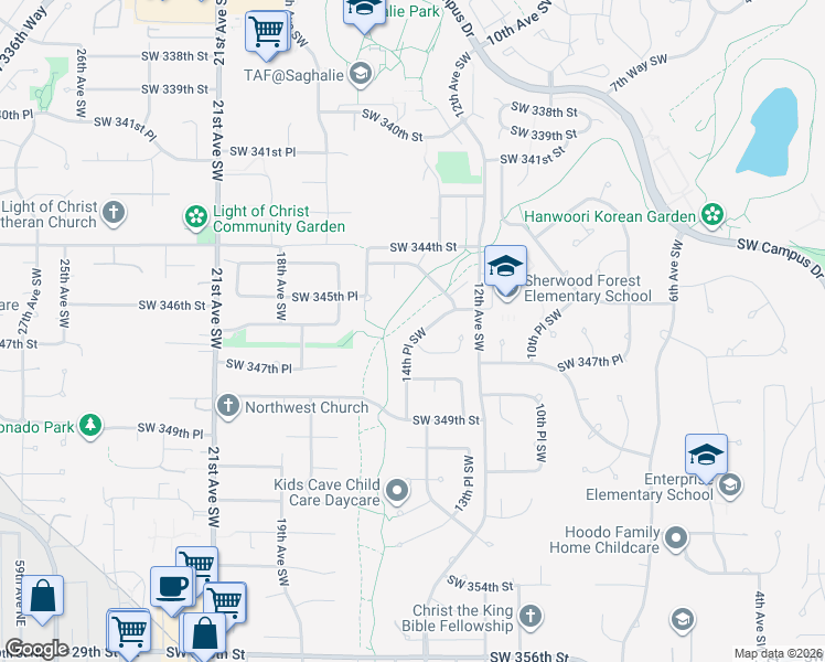 map of restaurants, bars, coffee shops, grocery stores, and more near 34724 14th Place Southwest in Federal Way